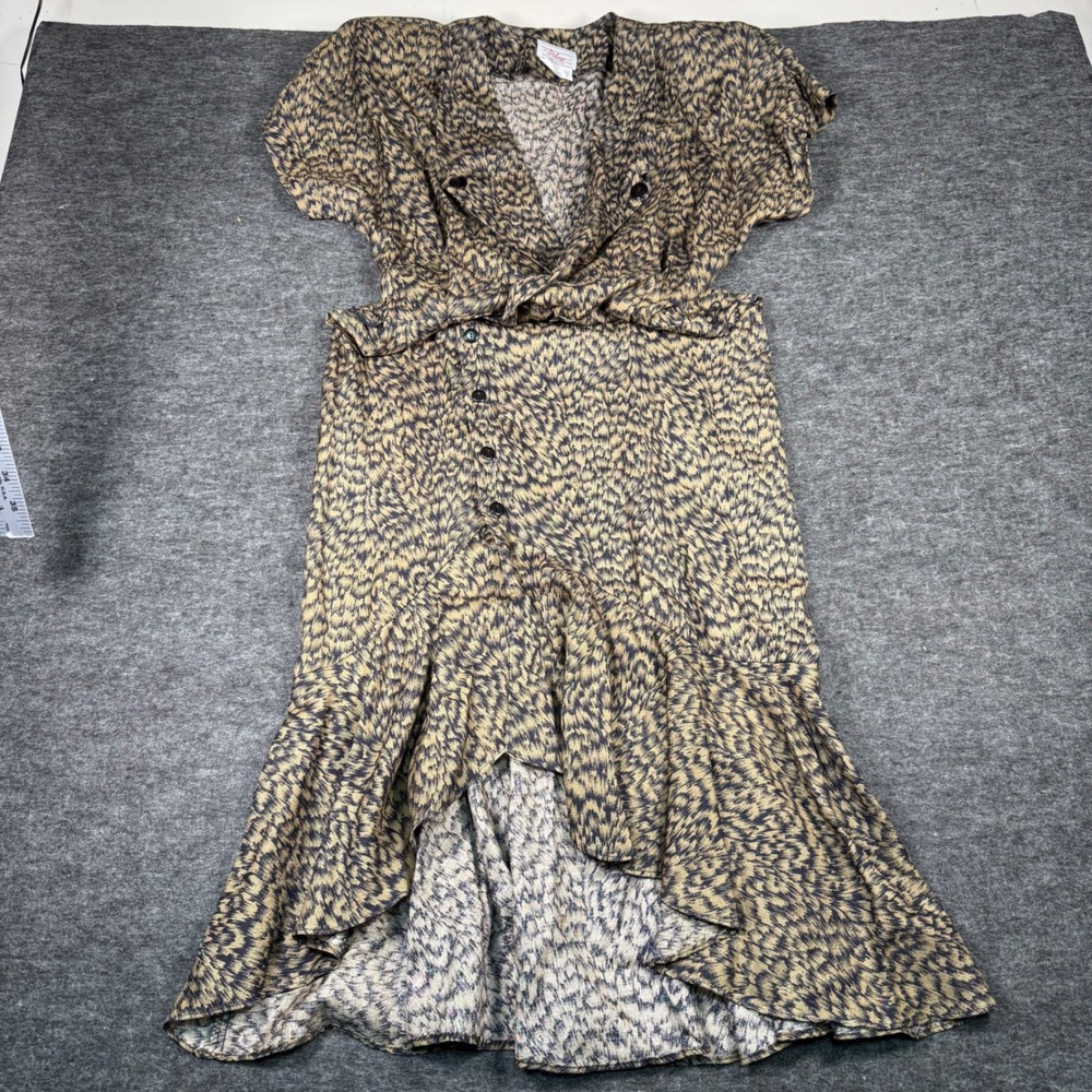 Milanzo Vintage Animal Print Double Breasted High Low Ruffle Midi Dress Size 9